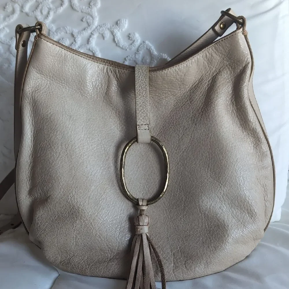 Lucky Brand Cream Colored Leather With Brass Ring/Tassel Crossbody Bag